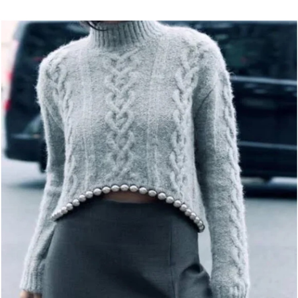 Zara Gray Cable Knit Turtleneck Sweater with Beaded Detail - Picture 3 of 7